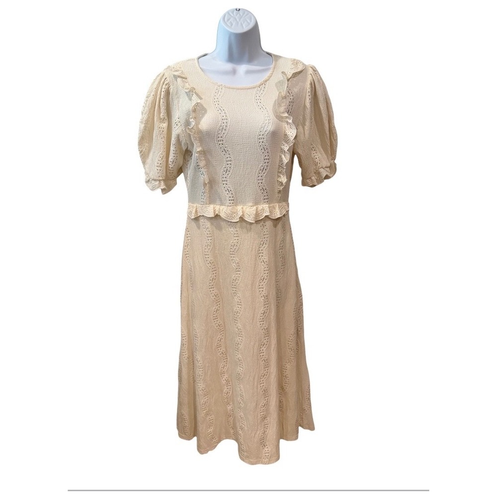 Zara Womens Cream Eyelet Ruffle Puff Sleeve Midi Dress Textured Off White Medium